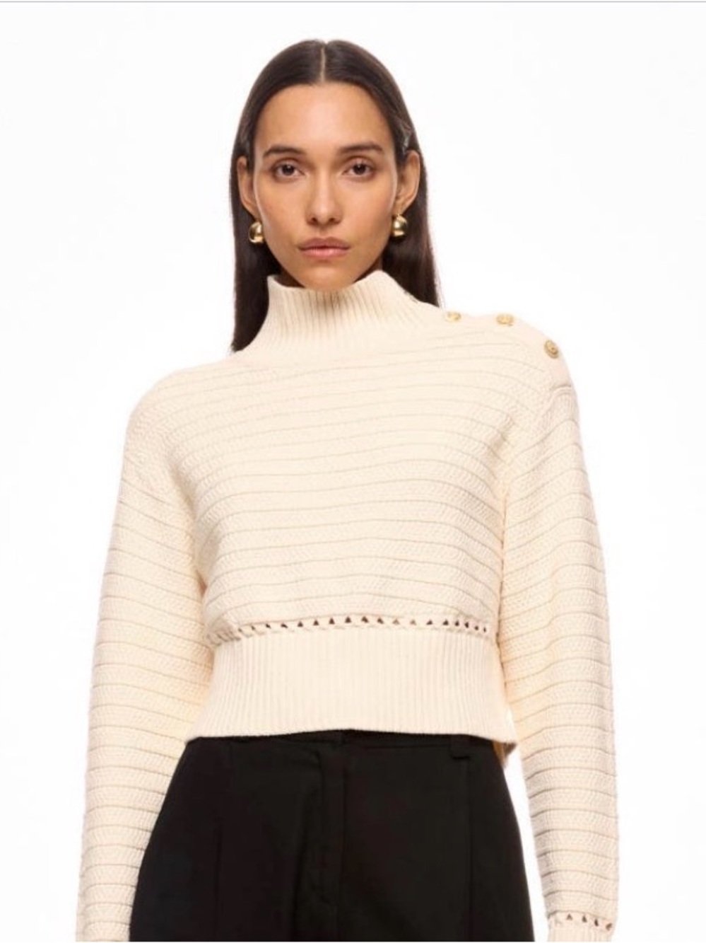 Cozy Button-Shoulder Cropped Turtleneck Sweater - Cream